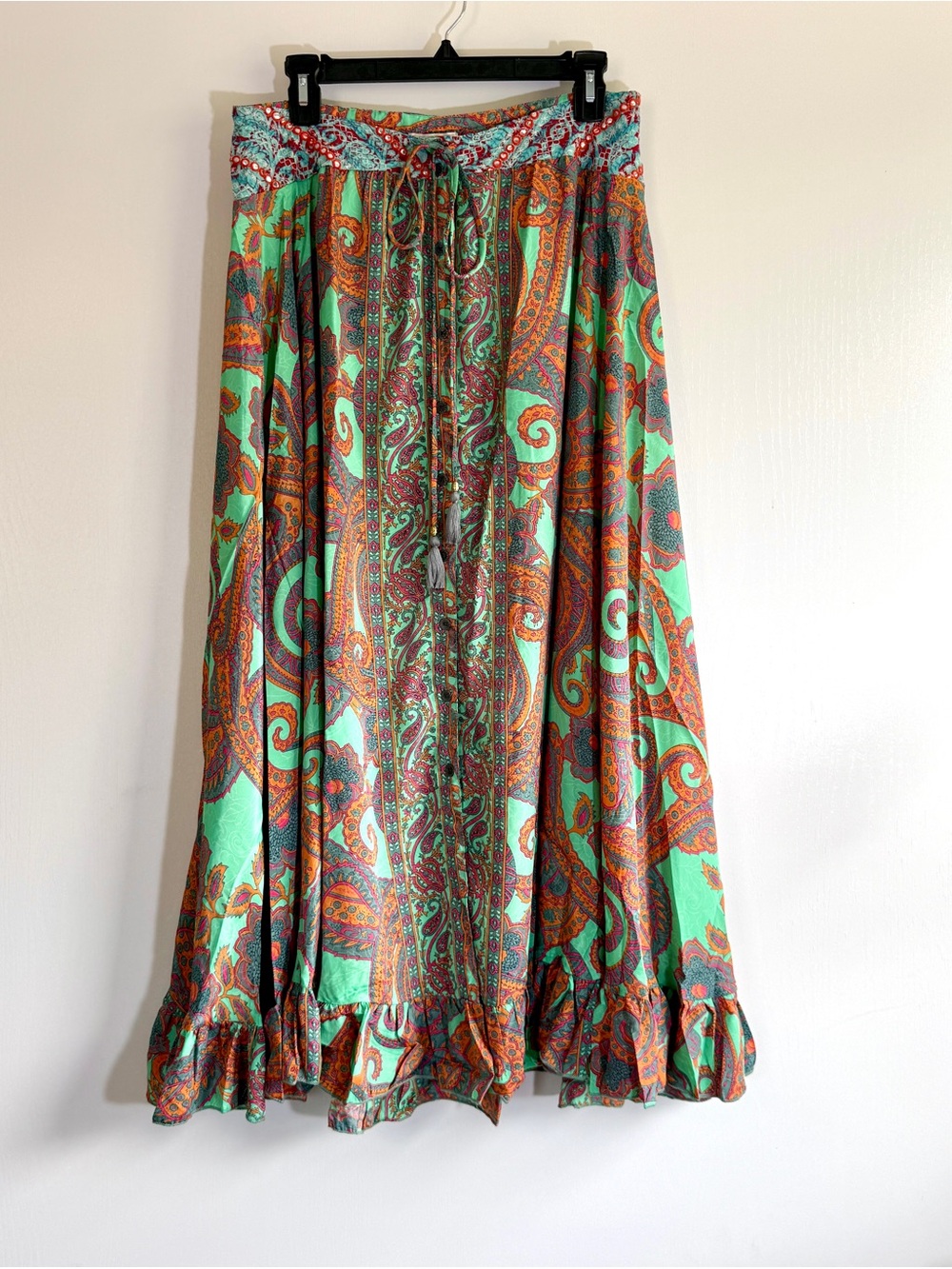 Karma Highway Paisley Print Green & Orange Maxi Skirt with Tie Waist NWOT